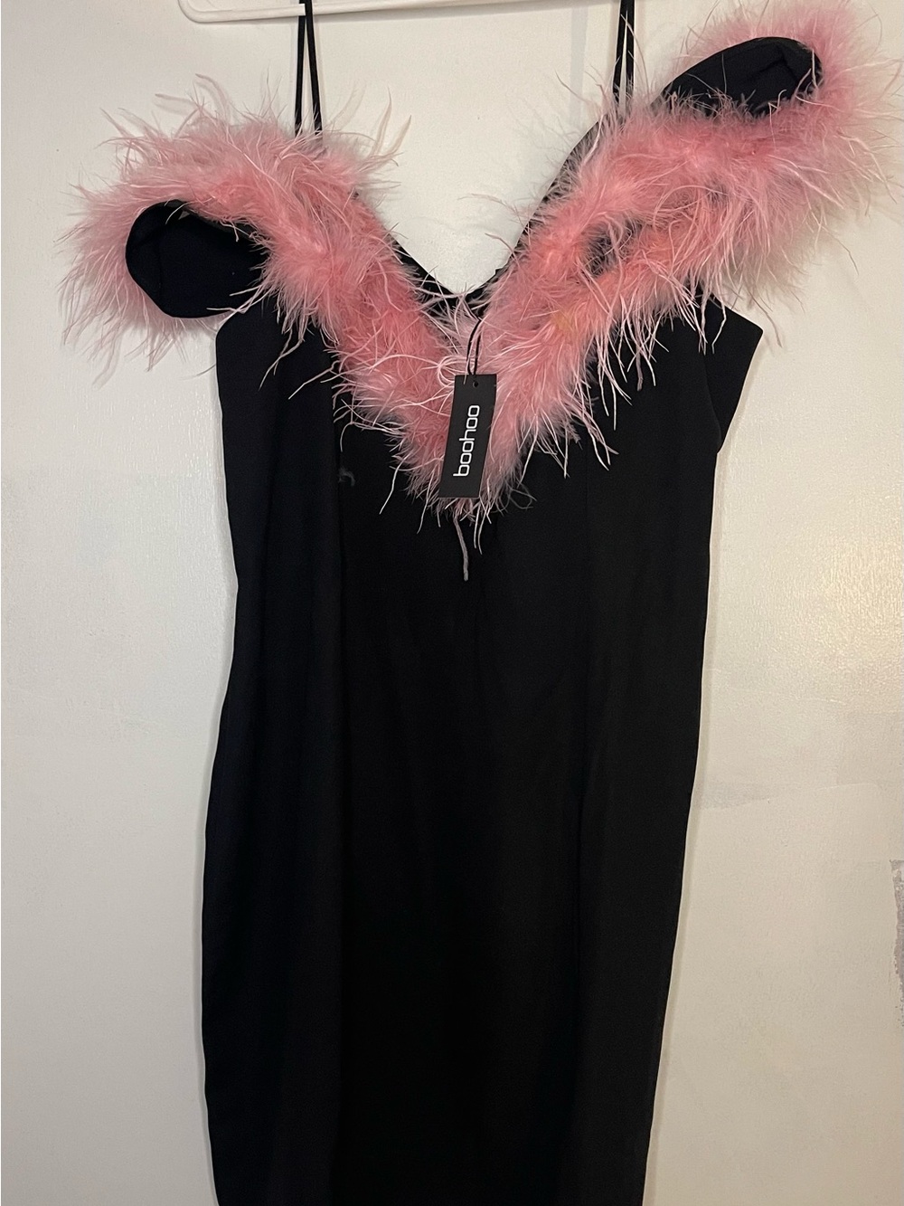 Boohoo Black Midi Dress with Pink Feather Trim